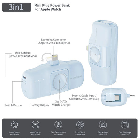 MINI POWERBANK WOZINSKY WF16-YLS 5000MAH 15W LIGHTNING Z WBUDOWANYM KABLEM USB-C I ŁADOWARKĄ DO APPLE WATCH - NIEBIESKI