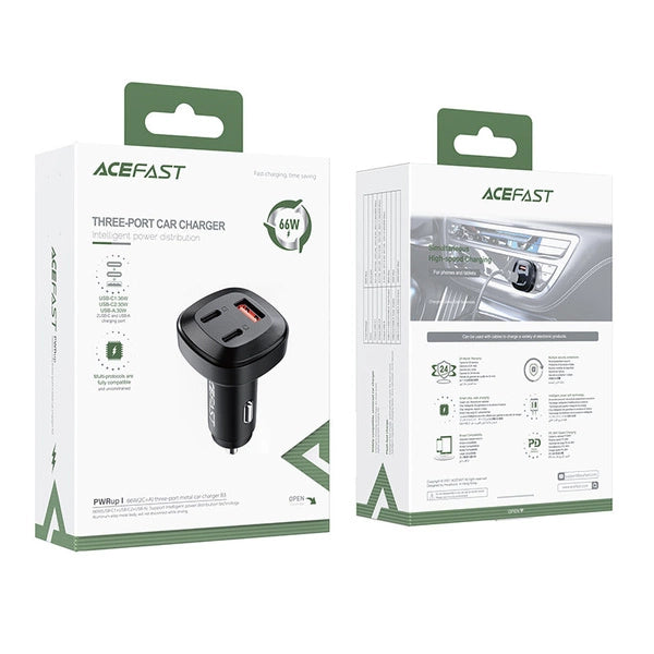 ŁADOWARKA SAMOCHODOWA ACEFAST 66W 2X USB TYP C / USB, PPS POWER DELIVERY QUICK CHARGE 4.0 AFC FCP SCP CZARNA B3 BLACK