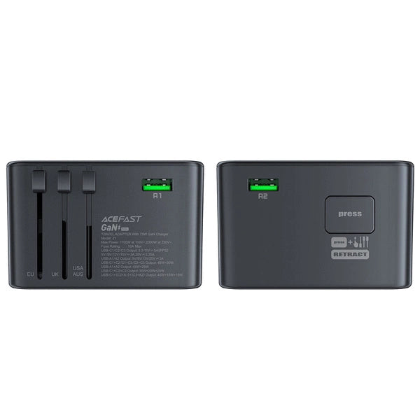 ADAPTER ŁADOWARKA PODRÓŻNA ACEFAST Z1 GAN 75W PD 3X USB-C 2X USB-A - CZARNY