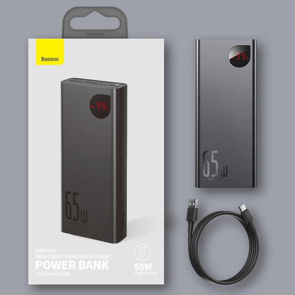 BASEUS ADAMAN POWERBANK 2X USB / 1X USB TYP C / 1X MICRO USB 20000MAH 65W QUICK CHARGE 3.0 POWER DELIVERY CZARNY (PPIMDA-D01)