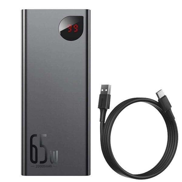 BASEUS ADAMAN POWERBANK 2X USB / 1X USB TYP C / 1X MICRO USB 20000MAH 65W QUICK CHARGE 3.0 POWER DELIVERY CZARNY (PPIMDA-D01)
