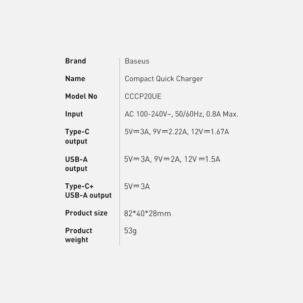 BASEUS COMPACT SZYBKA ŁADOWARKA SIECIOWA USB / USB TYP C 20W 3A POWER DELIVERY QUICK CHARGE 3.0 CZARNY (CCXJ-B01)