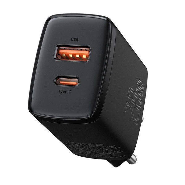 BASEUS COMPACT SZYBKA ŁADOWARKA SIECIOWA USB / USB TYP C 20W 3A POWER DELIVERY QUICK CHARGE 3.0 CZARNY (CCXJ-B01)