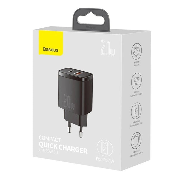 BASEUS COMPACT SZYBKA ŁADOWARKA SIECIOWA USB / USB TYP C 20W 3A POWER DELIVERY QUICK CHARGE 3.0 CZARNY (CCXJ-B01)