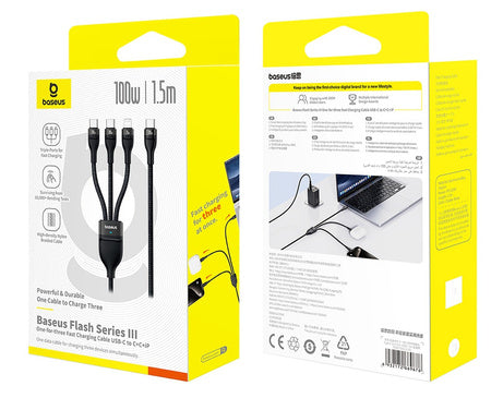 BASEUS KABEL FLASH SERIES 3 3W1 FAST CHARGING TYPE-C TO C+C+L 100W 1.5M CZARNY