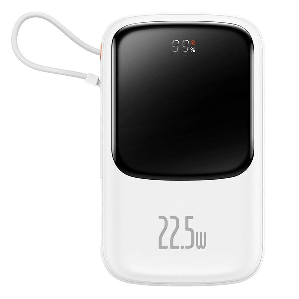 BASEUS QPOW DIGITAL DISPLAY POWERBANK Z SZYBKIM ŁADOWANIEM 10000MAH 22,5W QC/PD/SCP/FCP Z WBUDOWANYM KABLEM USB-C BIAŁY