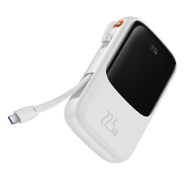 BASEUS QPOW DIGITAL DISPLAY POWERBANK Z SZYBKIM ŁADOWANIEM 10000MAH 22,5W QC/PD/SCP/FCP Z WBUDOWANYM KABLEM USB-C BIAŁY