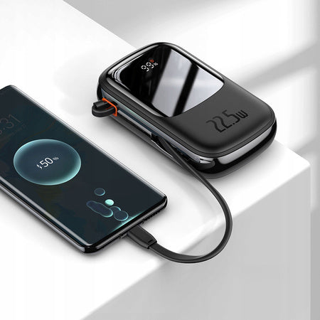 BASEUS QPOW PRO POWER BANK 20000MAH 22.5W Z WBUDOWANYM KABLEM USB-C I SZYBKIM ŁADOWANIEM CZARNY