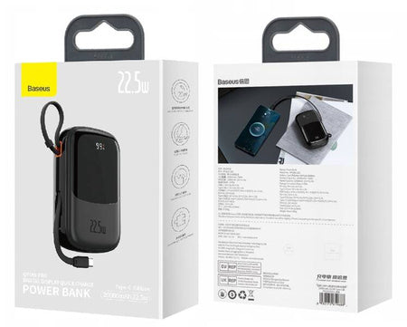 BASEUS QPOW PRO POWER BANK 20000MAH 22.5W Z WBUDOWANYM KABLEM USB-C I SZYBKIM ŁADOWANIEM CZARNY