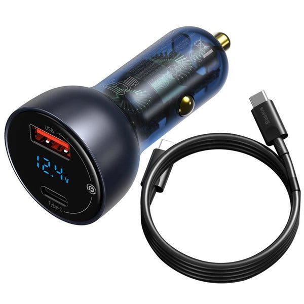 BASEUS ŁADOWARKA SAMOCHODOWA USB / USB TYP C 65 W 5 A SCP QUICK CHARGE 4.0+ POWER DELIVERY 3.0 EKRAN LCD + KABEL USB TYP C - USB TYP C SZARY (TZCCKX-0G)