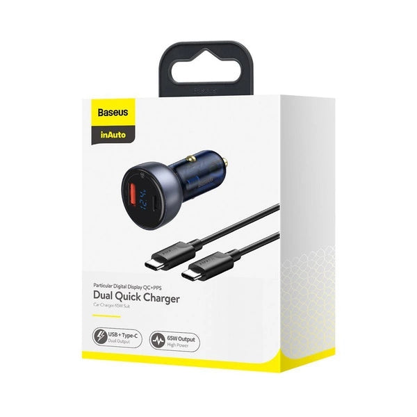 BASEUS ŁADOWARKA SAMOCHODOWA USB / USB TYP C 65 W 5 A SCP QUICK CHARGE 4.0+ POWER DELIVERY 3.0 EKRAN LCD + KABEL USB TYP C - USB TYP C SZARY (TZCCKX-0G)