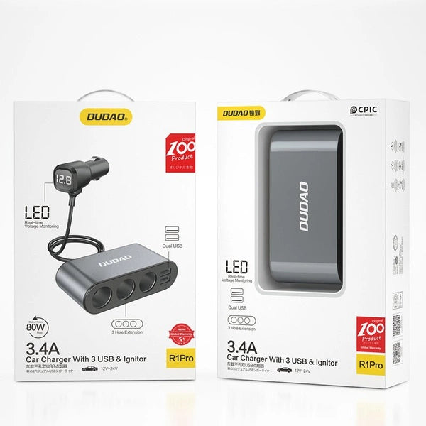 DUDAO ŁADOWARKA SAMOCHODOWA 2X USB / 3X ROZDZIELACZ GNIAZDA ZAPALNICZKI CZARNY (R1PRO BLACK)