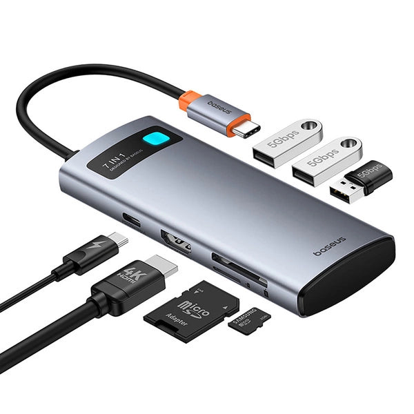 HUB USB-C BASEUS METAL GLEAM 7W1 HDMI 4K 60HZ / 3X USB 3.0 / USB-C PD / SD / MICROSD – SZARY
