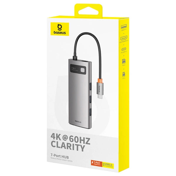 HUB USB-C BASEUS METAL GLEAM 7W1 HDMI 4K 60HZ / 3X USB 3.0 / USB-C PD / SD / MICROSD – SZARY