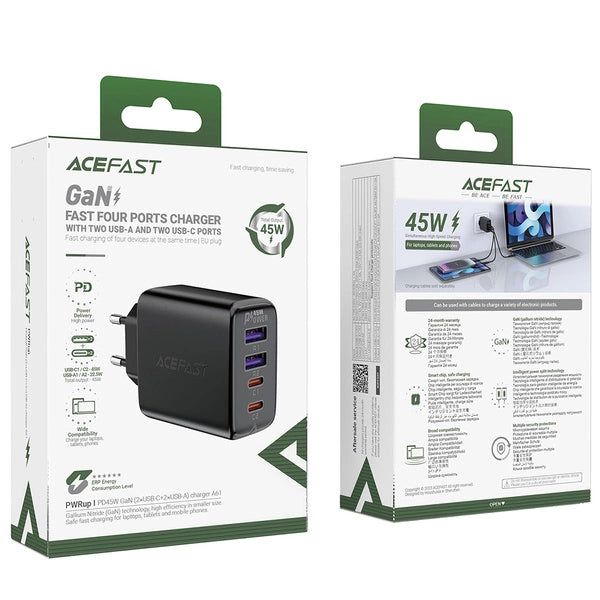 ŁADOWARKA SIECIOWA ACEFAST A61 PD Z 4 PORTAMI 45W GAN 2 X USB-C + 2 X USB-A - CZARNA
