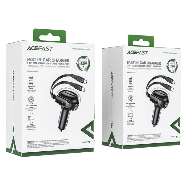 ŁADOWARKA SAMOCHODOWA ACEFAST B13 53W USB-A / 2 KABLE ROZWIJANE USB-C - CZARNA