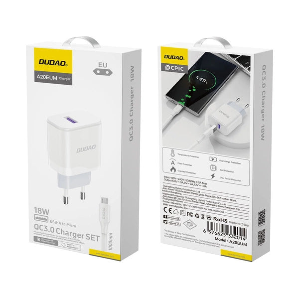 ŁADOWARKA DUDAO A20EU SIECIOWA USB-A 18W - BIAŁA + KABEL USB-A - MICRO USB