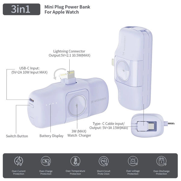 MINI POWERBANK WOZINSKY WF16-YLS 5000MAH 15W LIGHTNING Z WBUDOWANYM KABLEM USB-C I ŁADOWARKĄ DO APPLE WATCH - FIOLETOWY