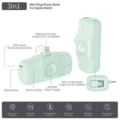 MINI POWERBANK WOZINSKY WF16-YLS 5000MAH 15W LIGHTNING Z WBUDOWANYM KABLEM USB-C I ŁADOWARKĄ DO APPLE WATCH - ZIELONY