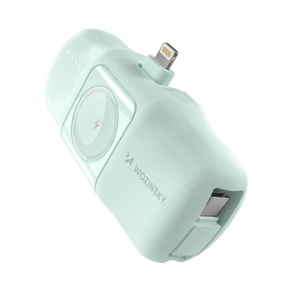 MINI POWERBANK WOZINSKY WF16-YLS 5000MAH 15W LIGHTNING Z WBUDOWANYM KABLEM USB-C I ŁADOWARKĄ DO APPLE WATCH - ZIELONY