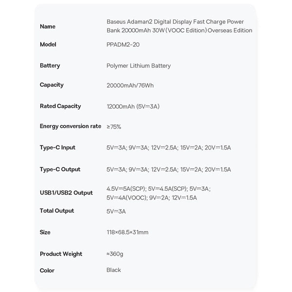 POWERBANK BASEUS ADAMAN2 20000MAH 30W 2X USB-A / USB-C PD / QC / SCP / OPPO SUPER VOOC - CZARNY