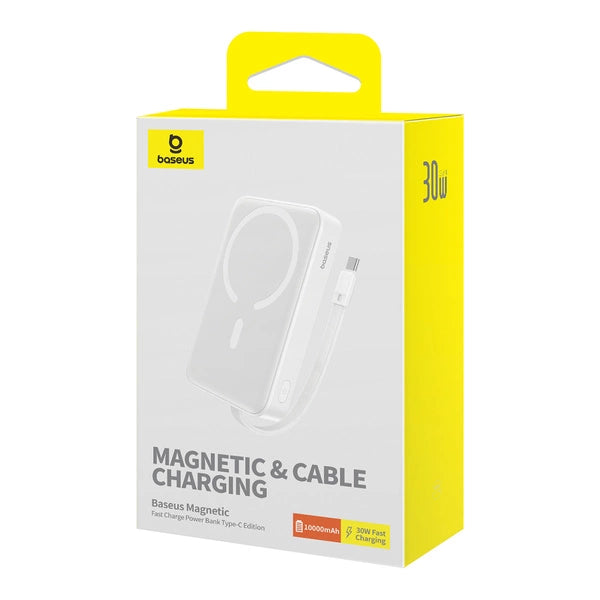 BASEUS POWERBANK MAGNETIC MINI MAGSAFE 10000MAH 30W Z WBUDOWANYM KABLEM USB-C - BIAŁY + KABEL BASEUS SIMPLE SERIES USB-C - USB-C 60W 0.3M