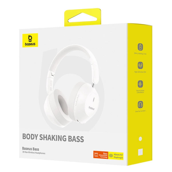 BASEUS BASS 30 MAX SŁUCHAWKI NAUSZNE BEZPRZEWODOWE BLUETOOTH BIAŁE