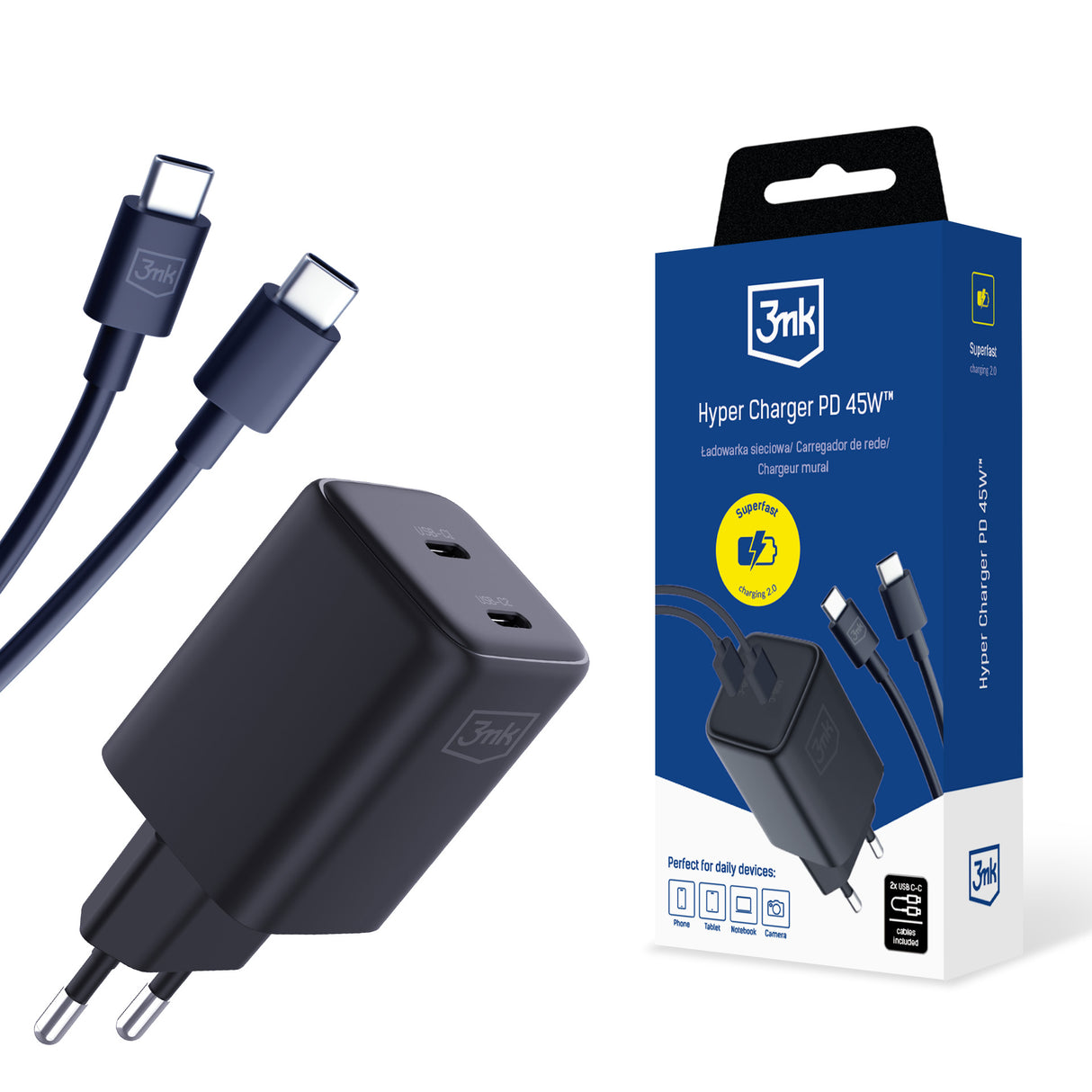 ŁADOWARKA SIECIOWA 3MK HYPER CHARGER PD GAN 45W Z KABLEM USB-C - CZARNA