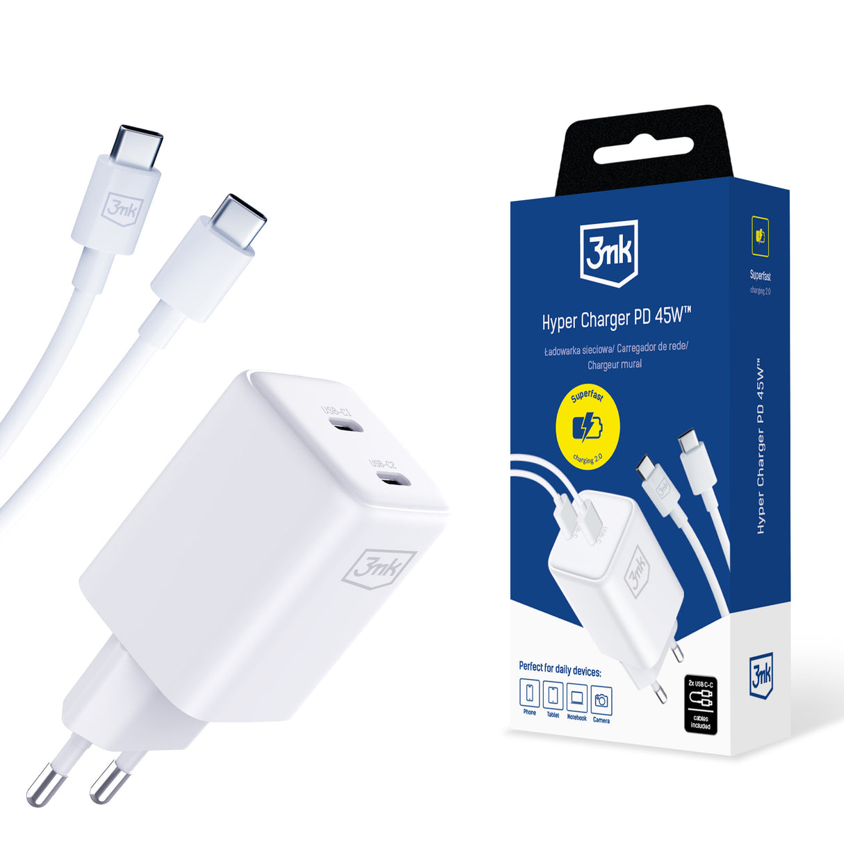 ŁADOWARKA SIECIOWA 3MK HYPER CHARGER PD GAN 45W Z KABLEM USB-C - BIAŁA