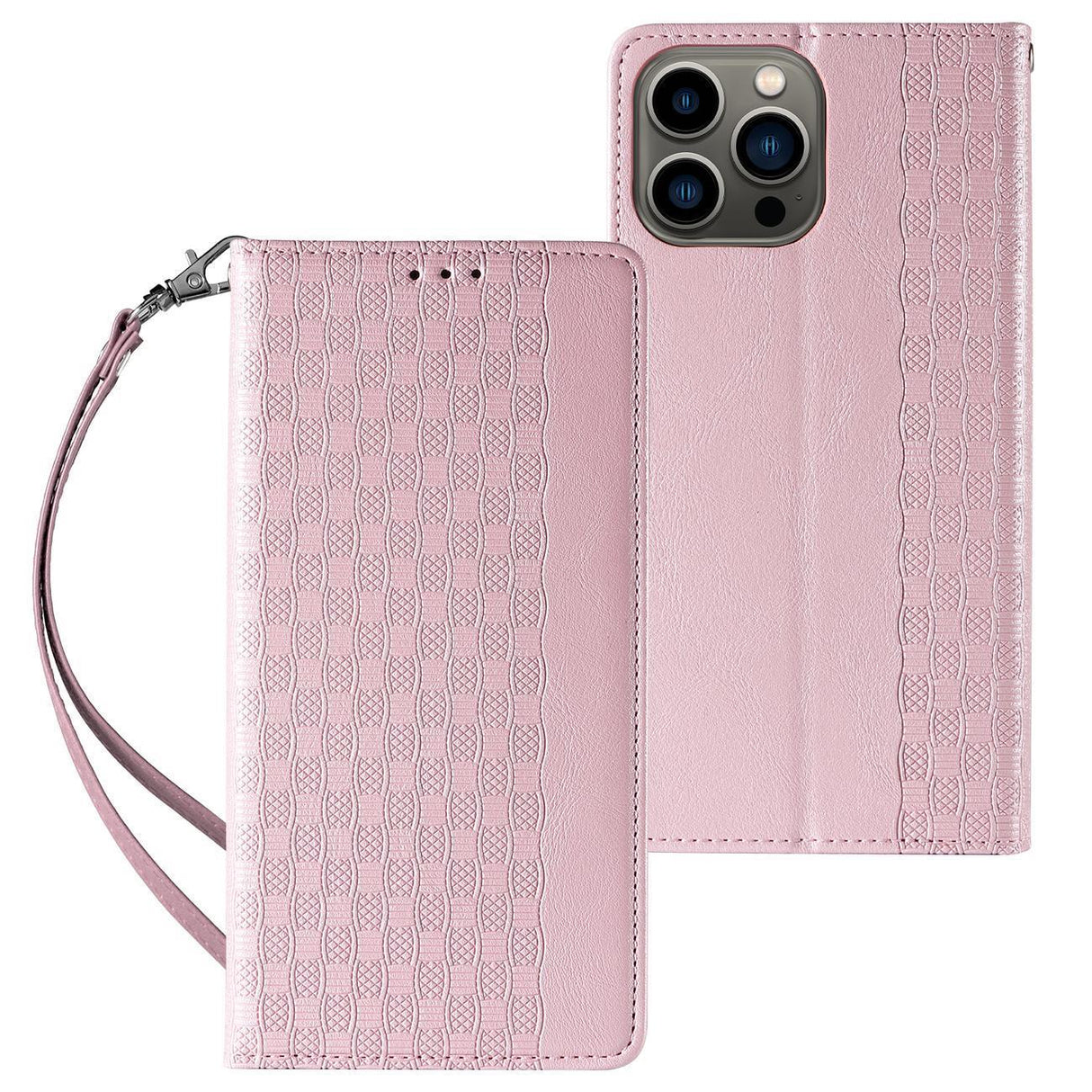 ETUI MAGNET STRAP CASE ETUI IPHONE 14 PRO MAX POKROWIEC Z KLAPKĄ PORTFEL MINI SMYCZ PODSTAWKA RÓŻOWE