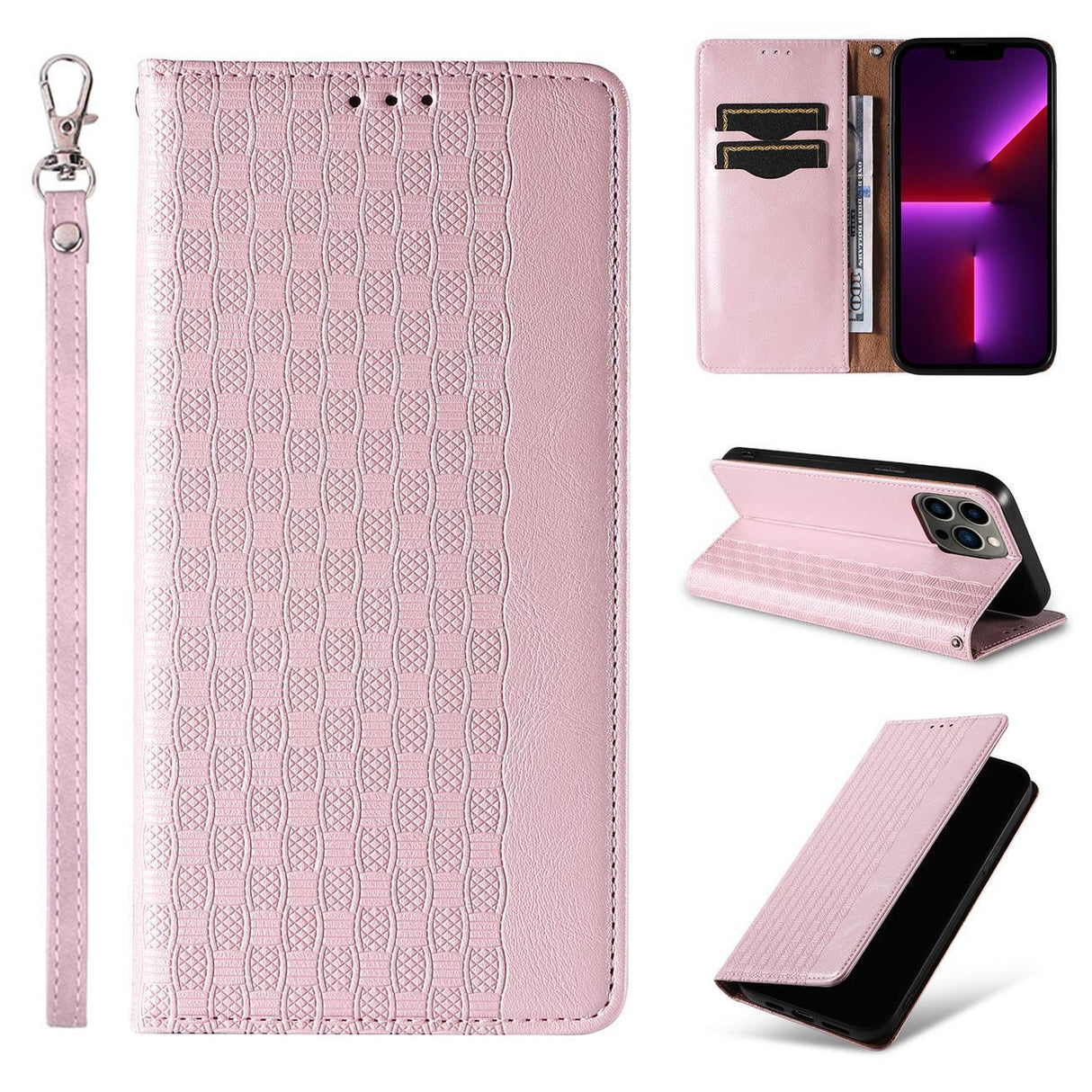 ETUI MAGNET STRAP CASE ETUI IPHONE 14 PRO MAX POKROWIEC Z KLAPKĄ PORTFEL MINI SMYCZ PODSTAWKA RÓŻOWE