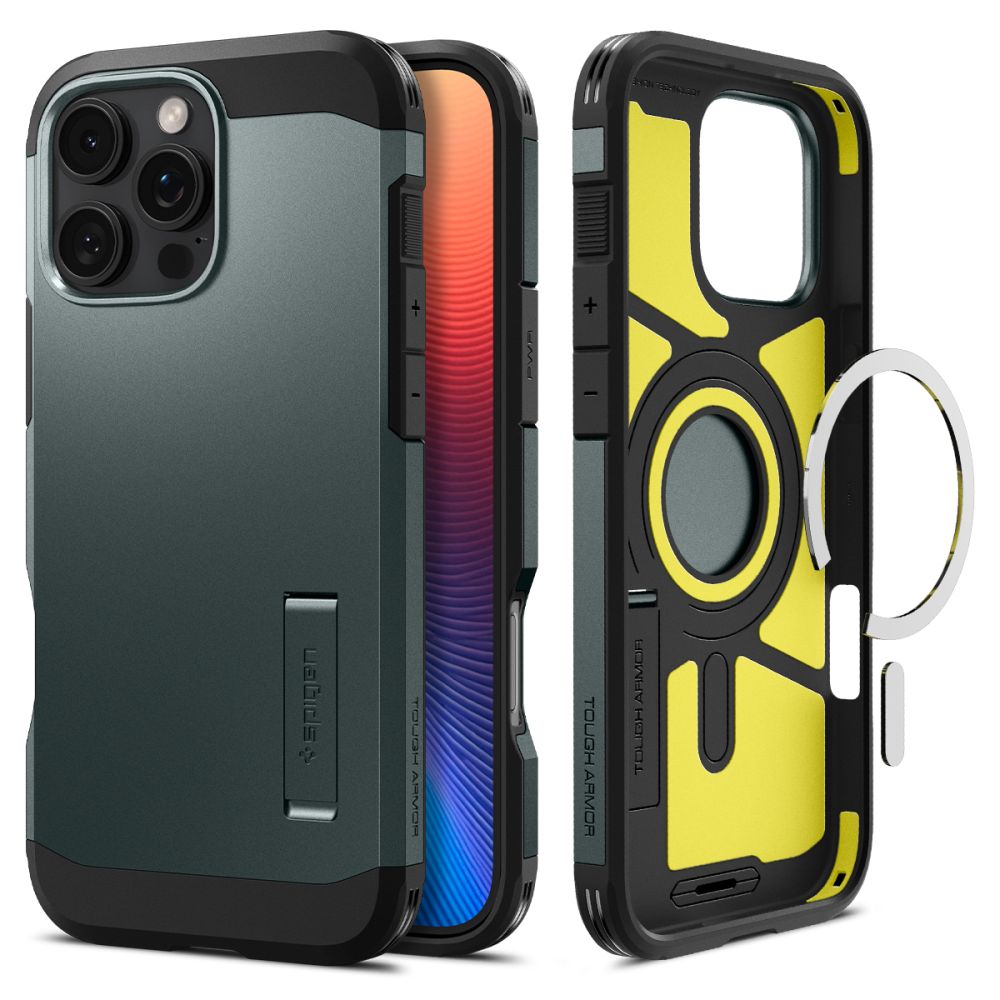 ETUI SPIGEN TOUGH ARMOR MAGSAFE Z PODSTAWKĄ NA IPHONE 16 PRO - ZIELONE
