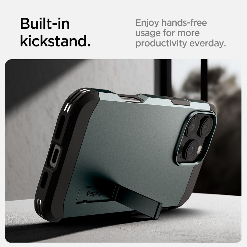 ETUI SPIGEN TOUGH ARMOR MAGSAFE Z PODSTAWKĄ NA IPHONE 16 PRO - ZIELONE