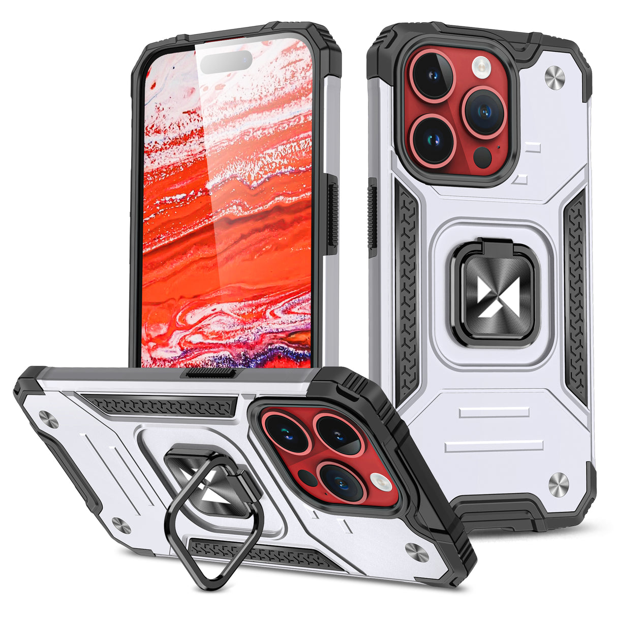 PANCERNE ETUI Z UCHWYTEM NA PALEC DO IPHONE 15 PRO MAX WOZINSKY RING ARMOR - SREBRNE