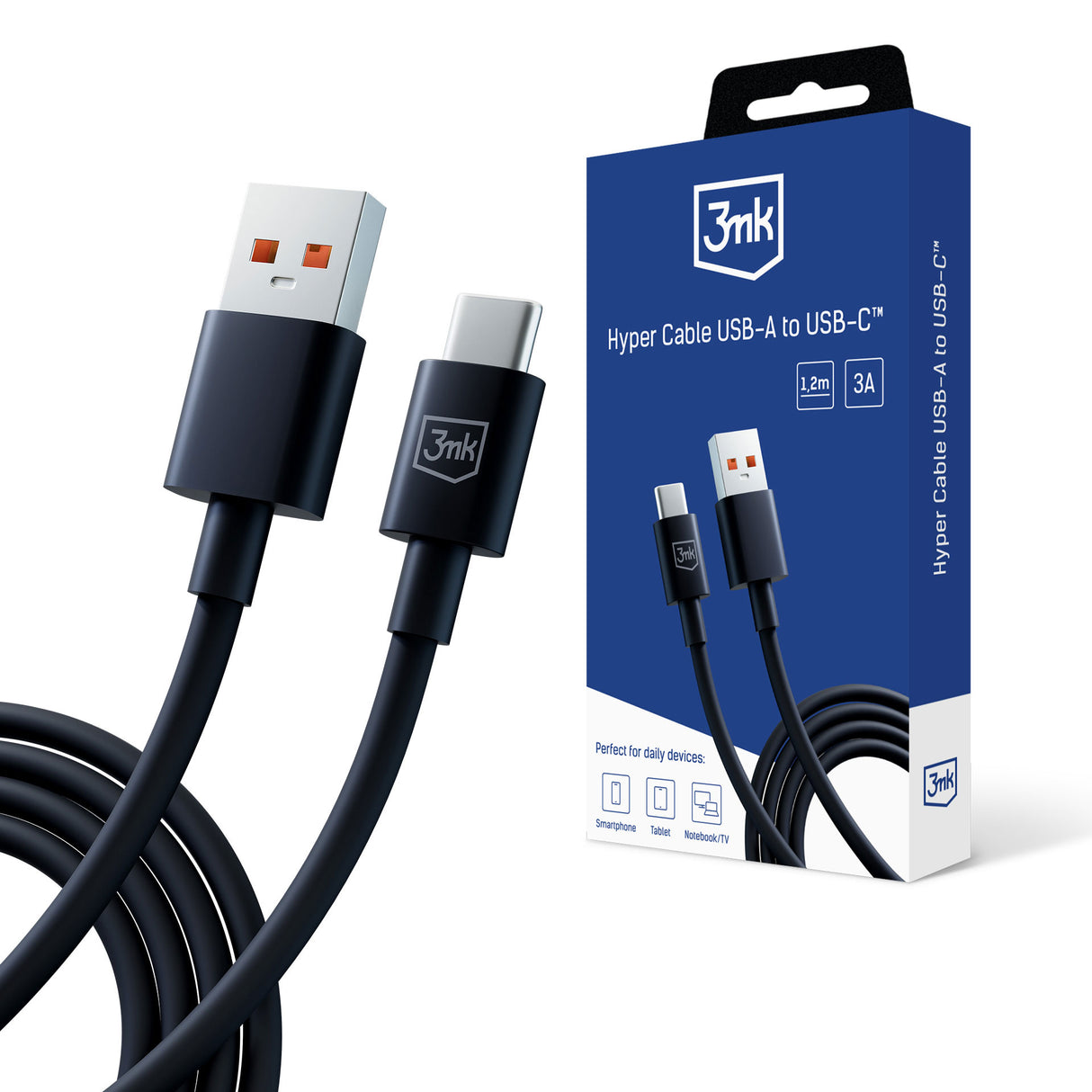 KABEL 3MK HYPER CABLE A TO C 1.2M 5A BLACK CZARNY